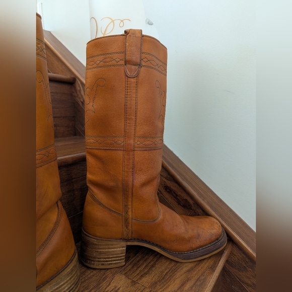 Vintage 70s Longhorn Stitched Campus Frye style Amber leather Western Boots 10 D - Picture 4 of 16